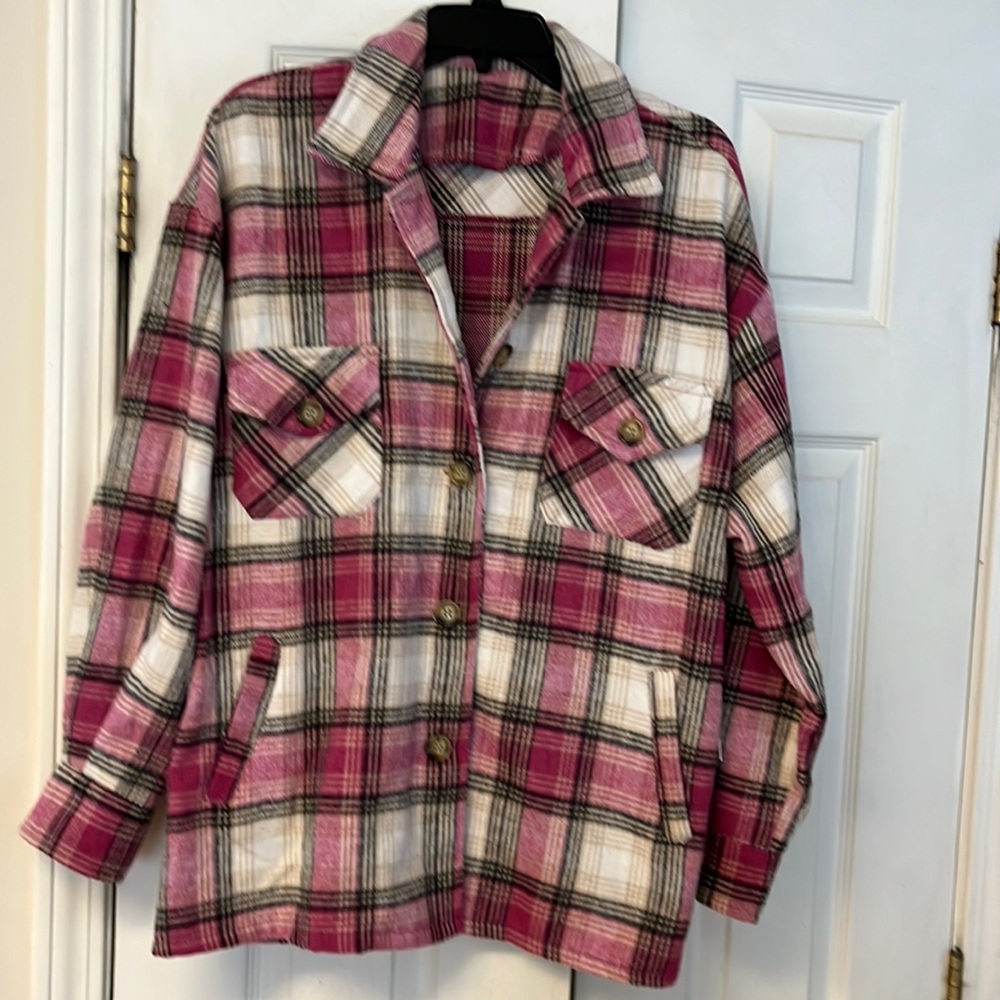 Pink Plaid Button Shacket with Pockets